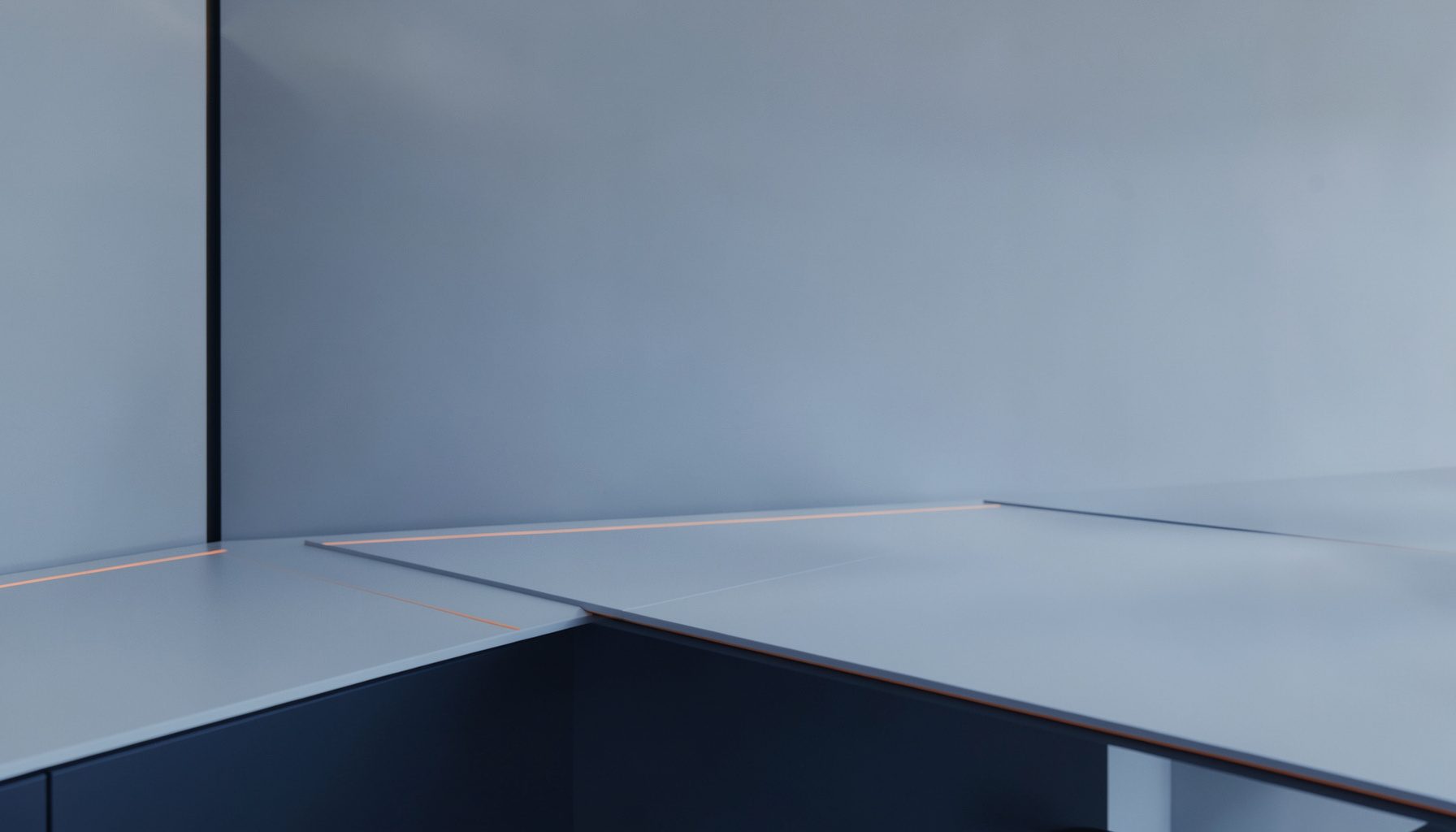 A clean, minimalist workspace scene in cool grey and navy tones, with a subtle orange accent line, conveying focus and professionalism.